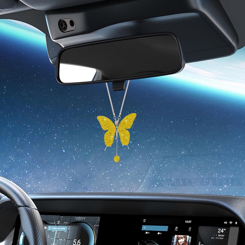 Couslcd Bling Butterfly Diamond Car Accessories, Crystal Car Rear View Mirror Charms for Women, Auto Decoration Lucky Hanging Interior Crystal Ornament Pendant Decor for All Cars (Yellow) - Image 5